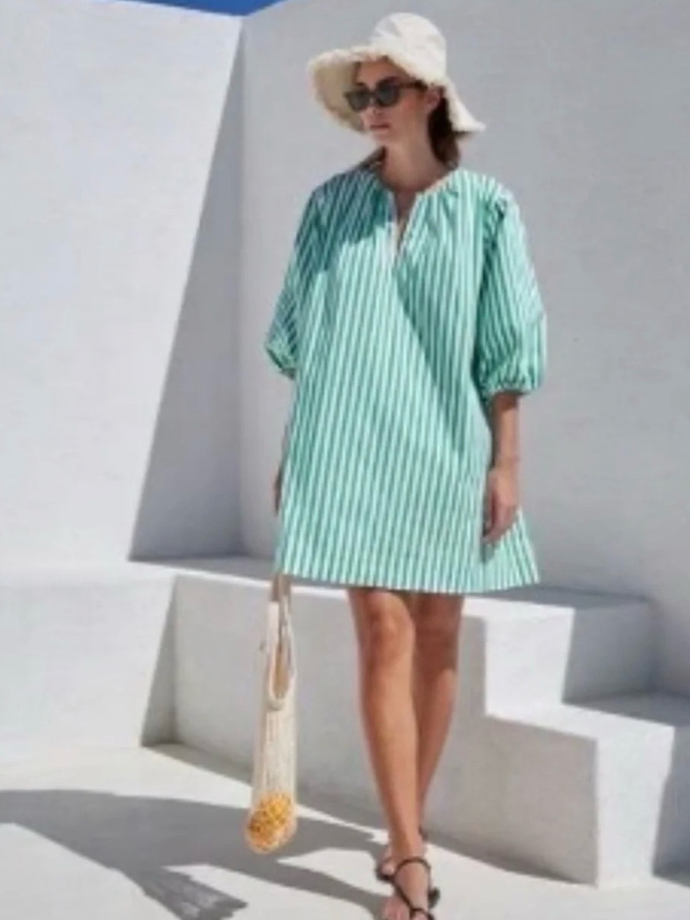 AYR Portofino Poplin balloon sleeve mini dresss green white striped puff sleeve